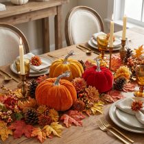 Artikel Set aus 3 Stoff-Kürbissen, 13 cm, Orange, Gelb und Rot, Herbstdeko