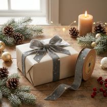 Artikel Samtband Sternenmuster Grau Gold 25mm Breite L8m Weihnachtsdekoration