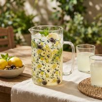 Artikel Glaskanne aus Glas mit Zitronen- und Oliven-Motiv, 17 cm hoch, transparent