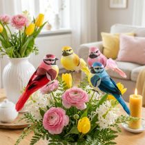 Artikel Deko-Vögel aus Schaumstoff mit echten Federn am Draht 8x3,5cm, bunt sortiert, 12 Stück
