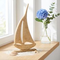 Artikel Segelboot aus Holz auf Sockel Natur 42 cm für maritime Dekoration