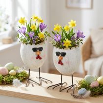 Artikel Mini-Pflanztopf Ei-Design mit Hühnergesicht, Sonnenbrille und Metallfüßen, Polyresin, H12,5 cm, 2er-Set