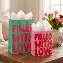 Artikel Geschenktüten aus Papier mit Henkeln und Aufdruck „Filled with Love“ H36/23 cm, Türkis und Rosa, 2er-Set