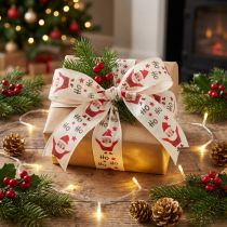 Artikel Weihnachtsband Baumwolle mit Santa-Motiv Creme 40mm x 15m