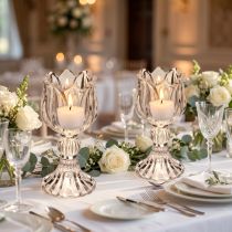 Artikel Kerzenhalter aus Glas mit Blumenmuster, 14 cm, transparent, 2er-Set