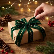 Artikel Geschenkband Samtband Polyester Grün Gold Merry Christmas 25mm x 20m