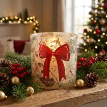 Artikel Windlicht Glas mit roter Schleife und Winterzweigen 15cm