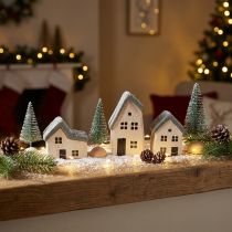 Artikel Weihnachtsdorf aus Holz mit weißen Häusern und grünen Tannen, 5–8 cm, 6-teiliges Set
