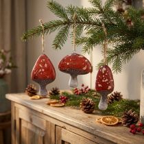 Artikel Rote Pilzanhänger aus Kunststoff mit Juteschnur 3 cm – Set aus 6 Stück für Herbst- und Weihnachtsdekoration