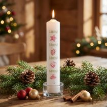 Artikel Weiße Adventskerze aus Wachs mit Weihnachtsmotiven, Ø 50 mm, Höhe 265 mm
