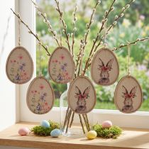 Artikel Holzdeko Ostereier mit Hase und Blumenmotiv 9,5×12 cm 6er-Set Naturfarben