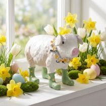 Artikel Deko-Schwein aus Polyresin 15,5cm in Rosa mit grünen Gummistiefeln und Blumenkranz