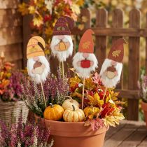 Artikel Herbstliche Gartenstecker Wichtel aus Holz, 39 cm, Set mit 8 Stück