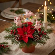 Artikel Deko-Blumenstecker Schwein, Polyresin, Rosa, Rot-Weiß, 22 cm, 4 Stück, Weihnachten & Silvester