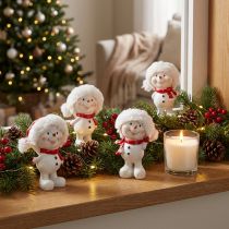 Artikel Schneemannfigur aus Polyresin mit Kunstfell, 11,5 cm, Weiß und Rot, 4er-Set