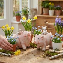 Artikel Dekofigur-Set Schweine mit Waldtieren Polyresin Rosa 9,3×7,5/8,5cm 2 Stück
