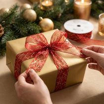 Artikel Weihnachtsband Polyester Polyamid Sterne Netz Rot Gold 25mm x 18m