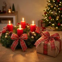 Artikel Weihnachtsband Textil kariert Rot Grün Gold 25mm 20m