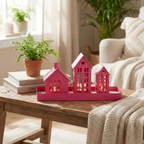 Artikel Kerzenhalter Set aus Metall in Rosa, 3 Hausformen, 15 cm hoch, mit Tablett