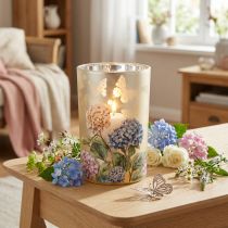 Artikel Teelichthalter Glas 18cm mit Blütenmotiv und verspiegelter Oberfläche