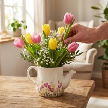 Artikel Keramik Kanne mit Blumenmotiv 20 cm Weiß-Bunt