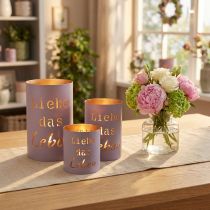 Artikel Windlicht Set aus Metall Liebe das Leben Violett Gold Ø 13/10,5/9 cm 3-teilig