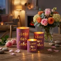 Artikel Windlicht-Set „Liebe das Leben“ Metall Fuchsia-Gold Ø13/10,5/9 cm 3-teilig