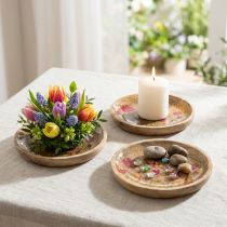 Artikel Holzteller Ø15 cm mit Blumen- und Schmetterlingsmotiv in Pink, 3 Stück