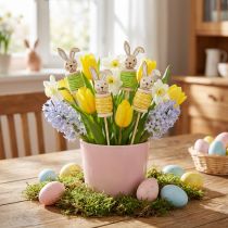Artikel Blumenstecker aus Holz mit Osterhase, 32 cm, Grün und Gelb, 8er-Set