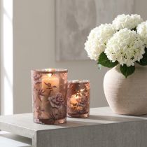 Artikel Windlicht aus Glas Braun Silber Rosa mit Pfingstrosenmuster H18cm