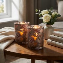 Artikel Deko Glas Windlicht mit Pfingstrosen-Motiv in Braun und Silber, H12,5 cm, 2 Stück