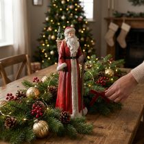 Artikel Weihnachtsmann Figur mit Korb, Rot Weiß Grün Gold, H36cm