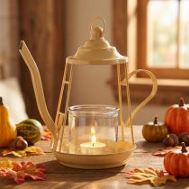 Artikel Teelichthalter Windlicht Teekanne aus Metall und Glas, Orange, Ø13cm, H22cm