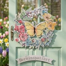 Artikel Metall-Blumenkranz mit Schmetterling und Schriftzug "Hereinspaziert" 40 × 28 cm