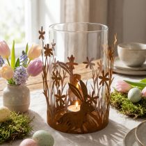 Artikel Windlicht Metall Rostoptik mit Hasen und Blumen Ø11,5cm H18cm für Frühling und Ostern