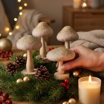 Artikel Deko-Pilze Holz und Filz mit Glitter 11cm Braun Gelbgrün 4 Stück