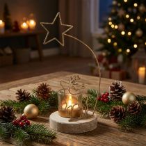 Artikel Teelichthalter aus Metall mit Rentier und Weihnachtsstern auf Holzsockel Ø10cm H24cm