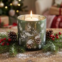 Artikel Windlicht Glas 15cm Grün Gold mit Tannenzapfen- und Schneeflockenmotiv
