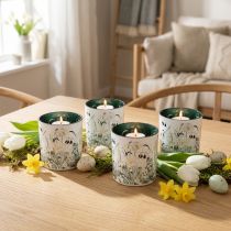 Artikel Windlicht Glas Blättermotiv Ø7,5cm H8cm Beige Weiß 4er Set