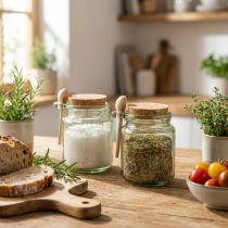 Artikel Deko-Gläser aus Glas mit Korkdeckel und Holzlöffeln, Grün, Ø 7 cm, H 10 cm, 2er-Set