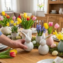 Artikel Keramik Osterhasen Deko Figuren 17cm Weiß mit Schwarzem Punktmuster und Goldakzenten 2er-Set