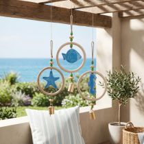 Artikel Hängedeko Windspiel Holz Natur Blau mit Fisch, Seestern und Seepferdchen H35cm