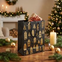 Artikel Geschenktüte Papier Schwarz Gold Tannen Häuser 18x10x23cm 2 Stück