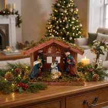 Artikel Weihnachtskrippe aus Holz und Moos mit Figuren 20x9x14cm