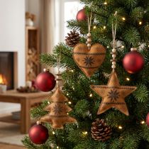 Artikel Christbaumanhänger Stern Tanne Herz aus Kunstleder in Rostorange 11 cm 3-teilig