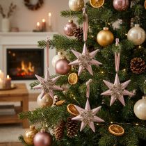 Artikel Weihnachtsanhänger Stern aus Polyresin Rosa mit Pailletten Ø 11cm, 4 Stück