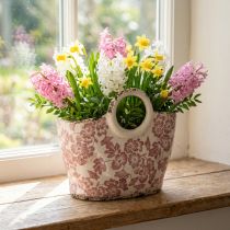 Artikel Pflanzentopf aus Keramik Tasche Floral mit Henkeln 21cm Weiß und Rot