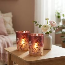 Artikel Deko Windlicht aus Glas mit Blumenmotiv, 12,5 cm, Rot-Bunt, 2er Set