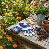 Artikel Kinder Schutzhandschuhe aus Baumwolle Gr. 6 Blau-Weiß für Gartenarbeit