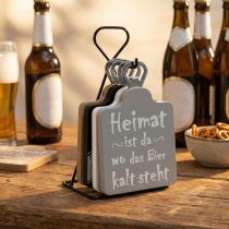 Artikel Flaschenöffner-Set aus Holz und Metall mit witzigen Sprüchen, 4-teilig, mit Ständer